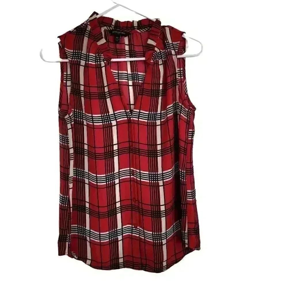 Banana Republic Women's Red, Black & Ivory Poly PlaidโButton Down Sleeveless Top